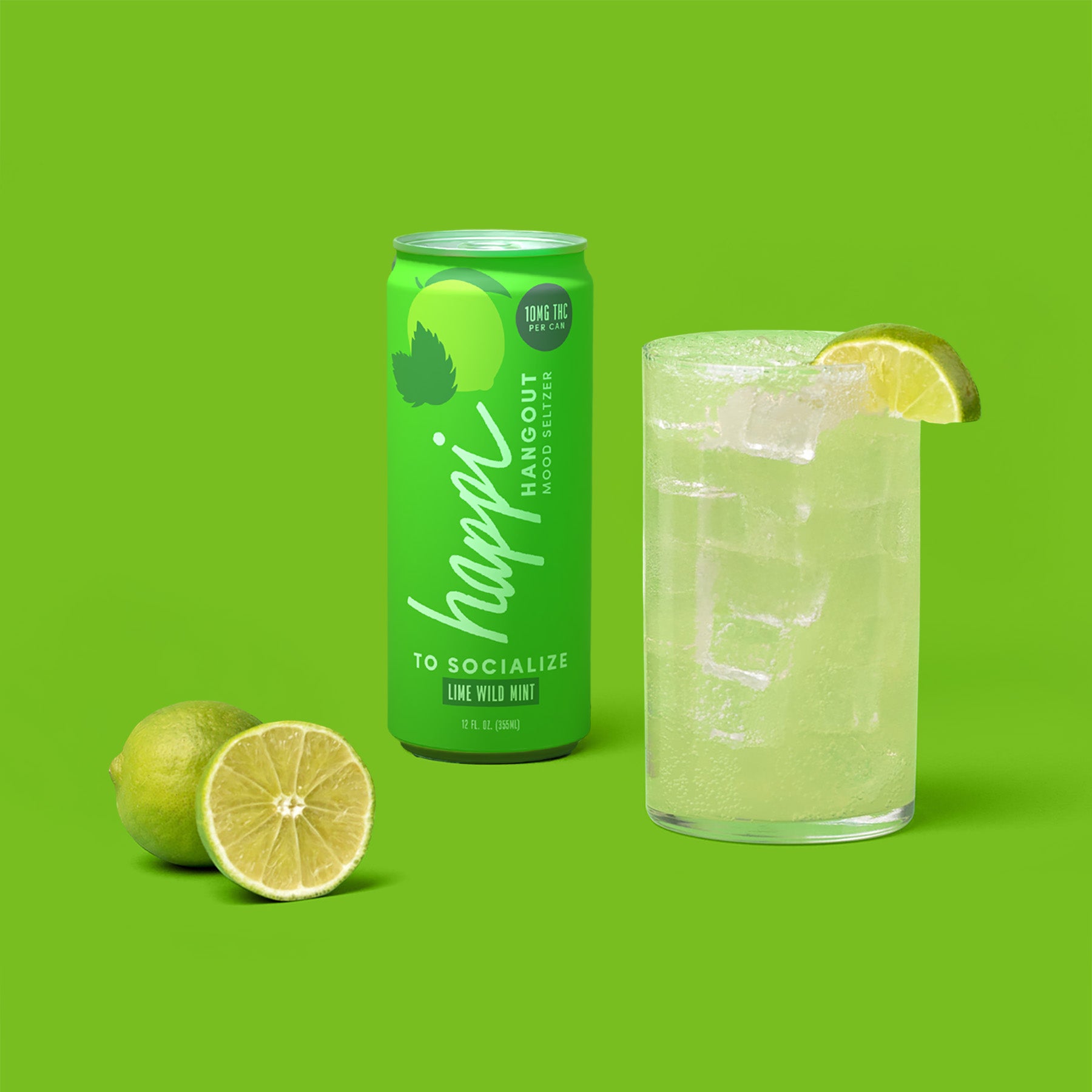 Can and Glass of Happi Lime Wild Mint 10mg THC Seltzer | for Happier Hangouts
