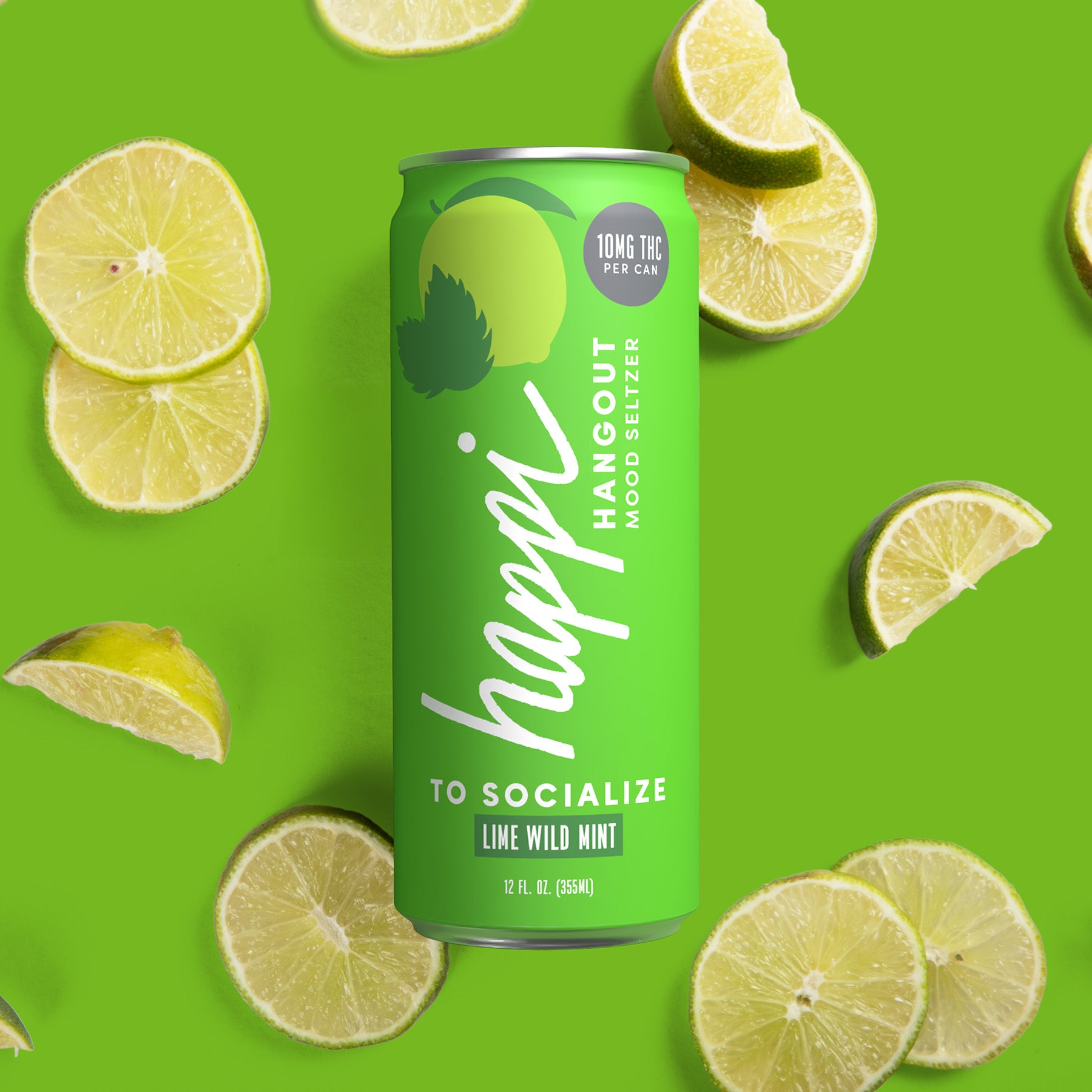 Happi Lime Wild Mint 10mg THC Seltzer surrounded by Limes